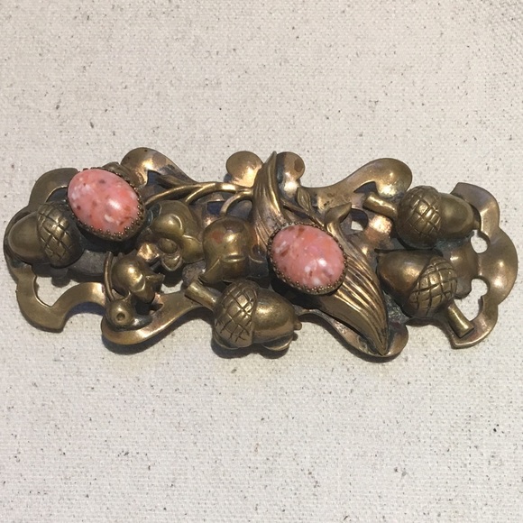 Vintage Art Nouveau Brass & Pink Stone Belt Buckle